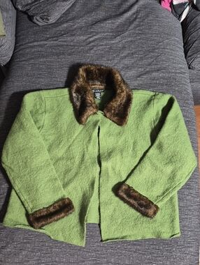 Vintage 90s Alexandra Bartlett Green Coat with Brown Faux Fur Trim
